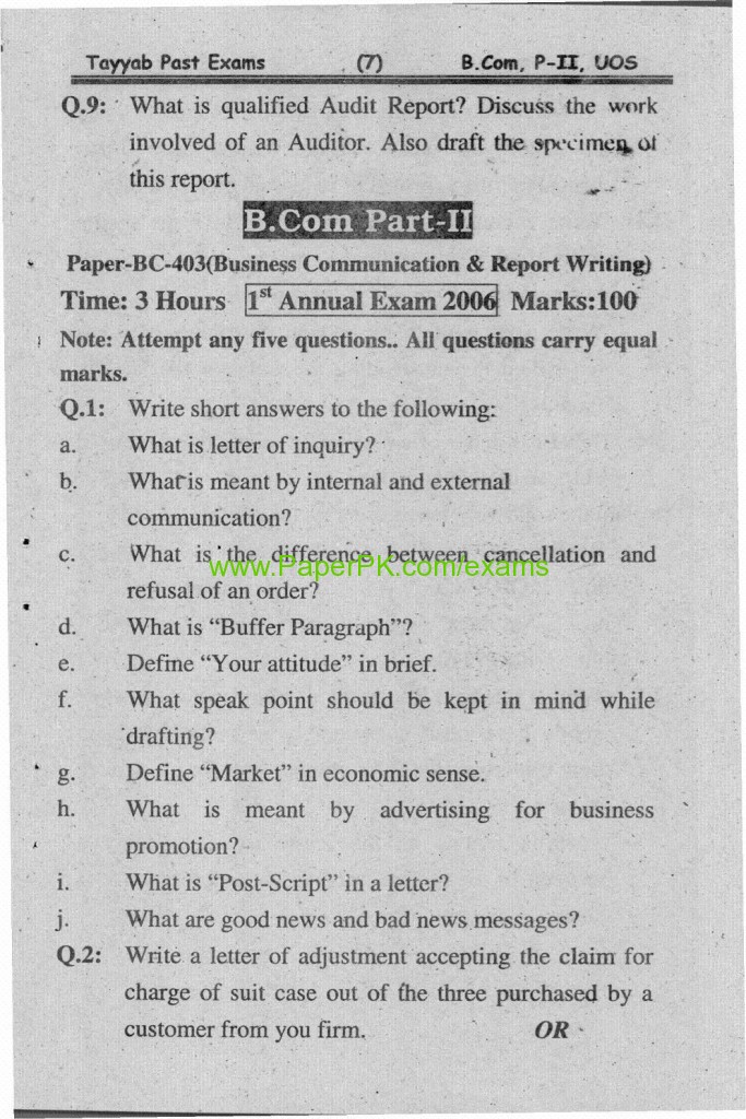 B.Com Part-II Business Communication & Report Writing Paper Of University Of Sargodha Annual Examination 2006