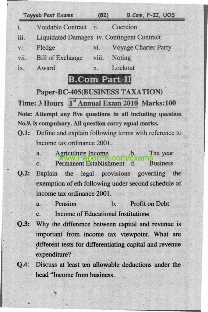 B.Com Part-II Business Taxation Paper University of Sargodha Annual Examination 2010