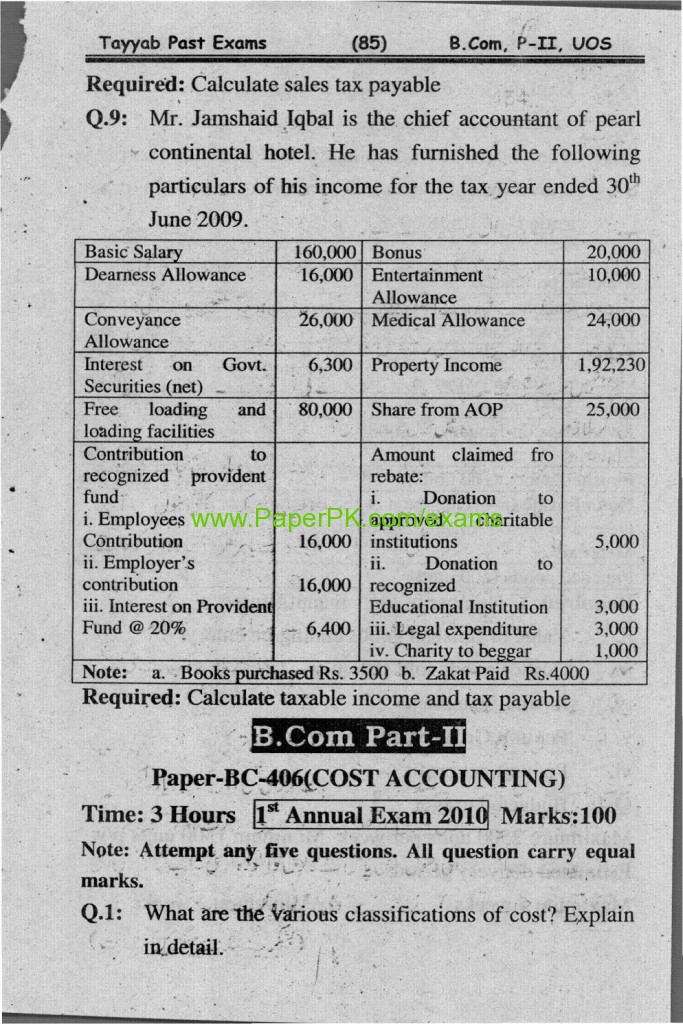 B.Com Part-II Cost Accounting Paper University of Sargodha Annual Examination 2010