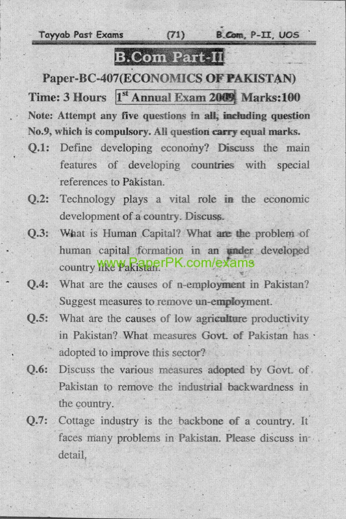 B.Com Part-II Economics of Pakistan Paper University of Sargodha Annual Examination 2009