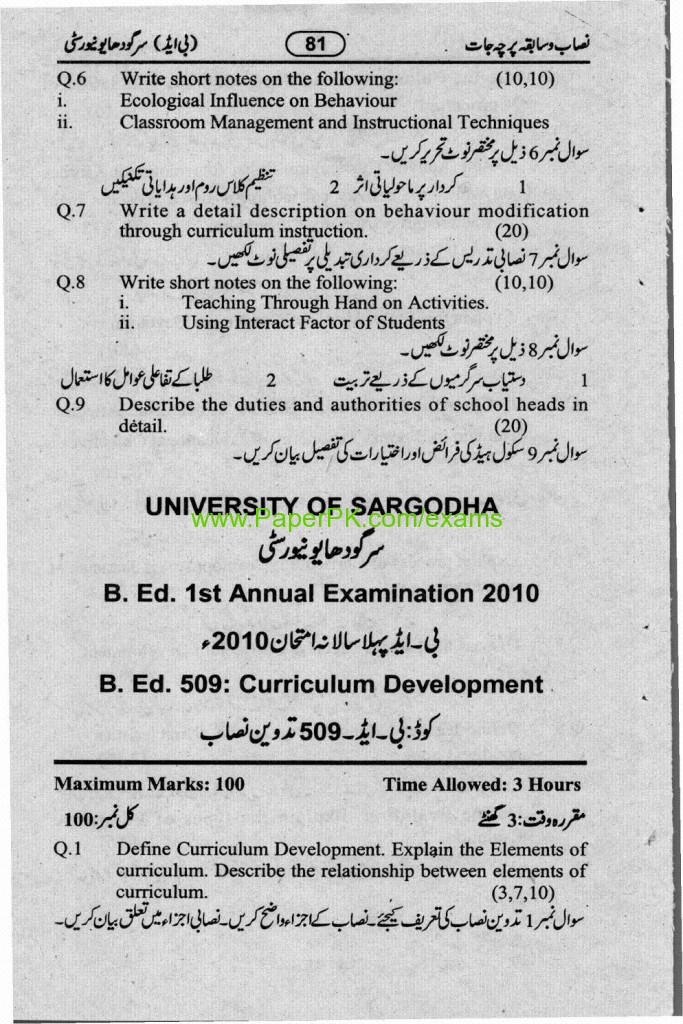 B.Ed Classroom Management Paper University of Sargodha Annual Examination 2010 1