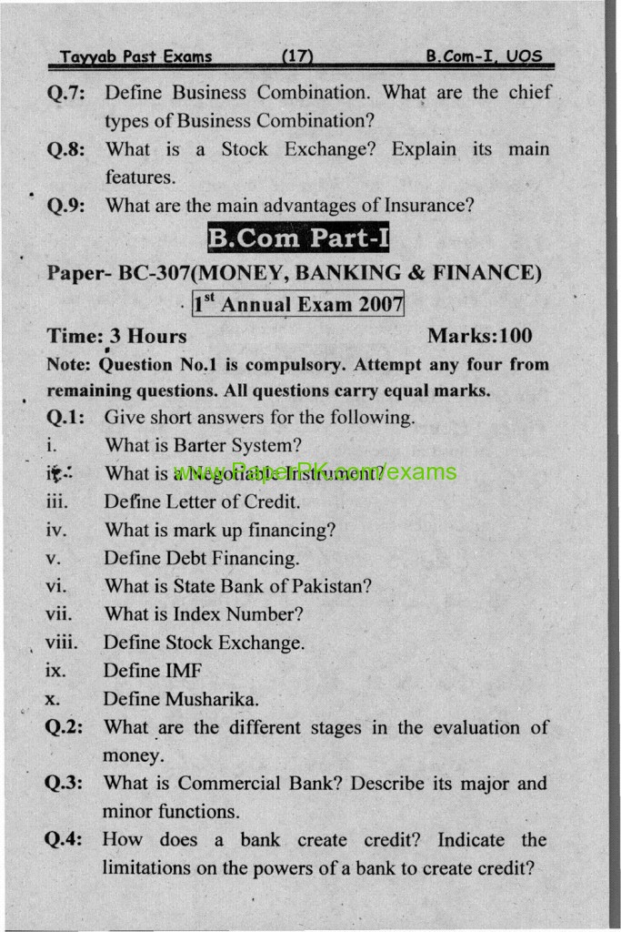 B.com Part-1 Money, Banking & Finance Paper of University Of Sargodha Annual 2007