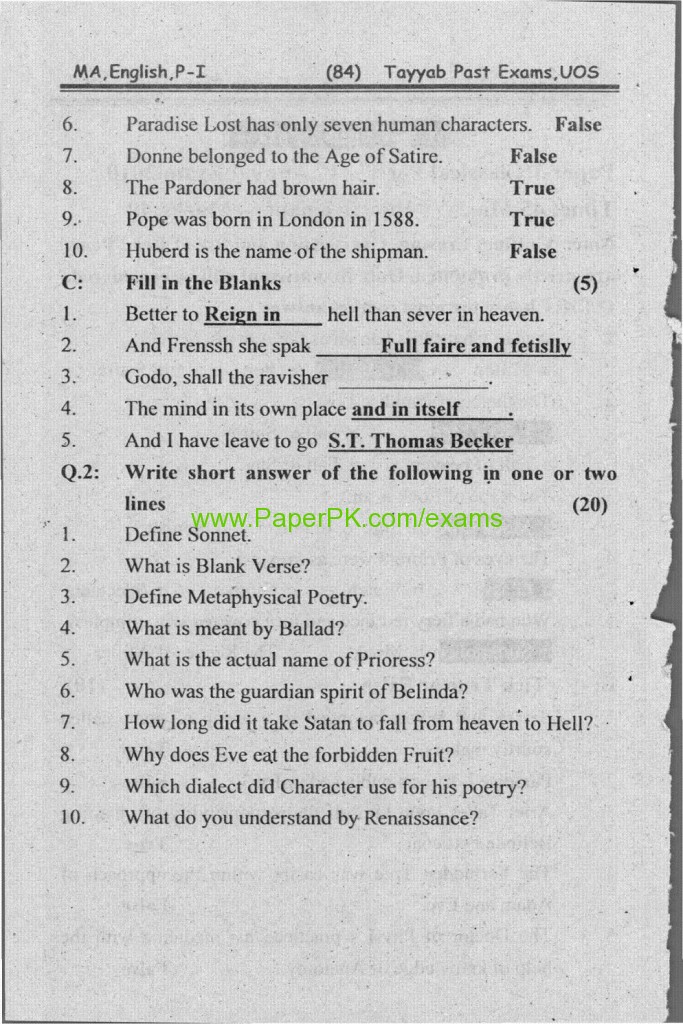 M.A English Part-I Paper-I (Classical Poetry) University of Sargodha Annual Examination 2010 1