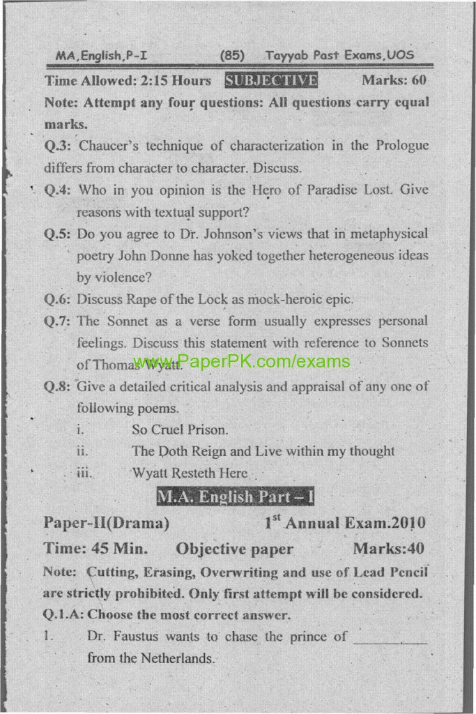 M.A English Part-I Paper-I (Classical Poetry) University of Sargodha Annual Examination 2010 2
