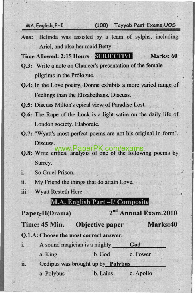 M.A English Part-I Paper-I (Poetry) University of Sargodha 2nd Annual Examination 2010 3
