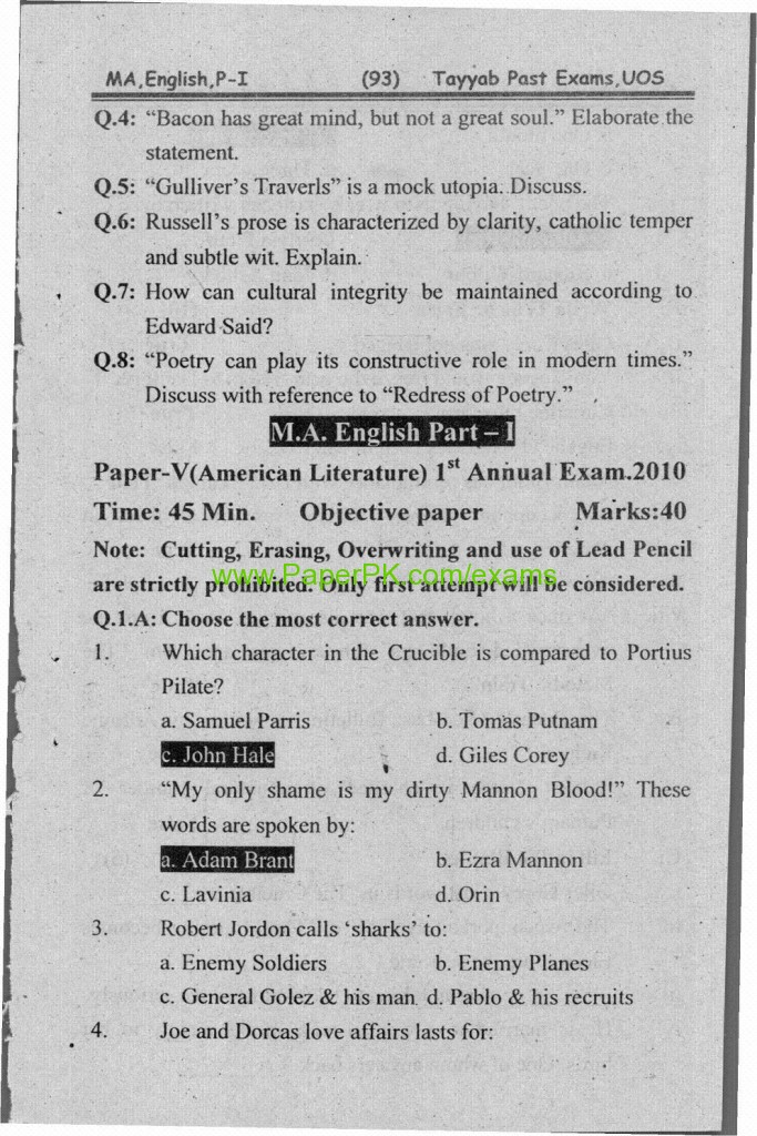 M.A English Part-I Paper-IV (Prose) University of Sargodha 1st Annual Examination 2010 2