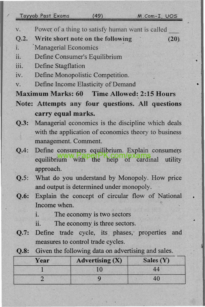 M.Com Part-I Economic Analysis & Managerial Economics Paper University of Sargodha Annual Examination 2010 2