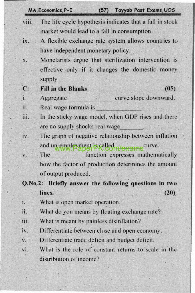 MA .Economics Part-1 Paper-II Macro Economics University of Sargodha Annual Examination 2009 2
