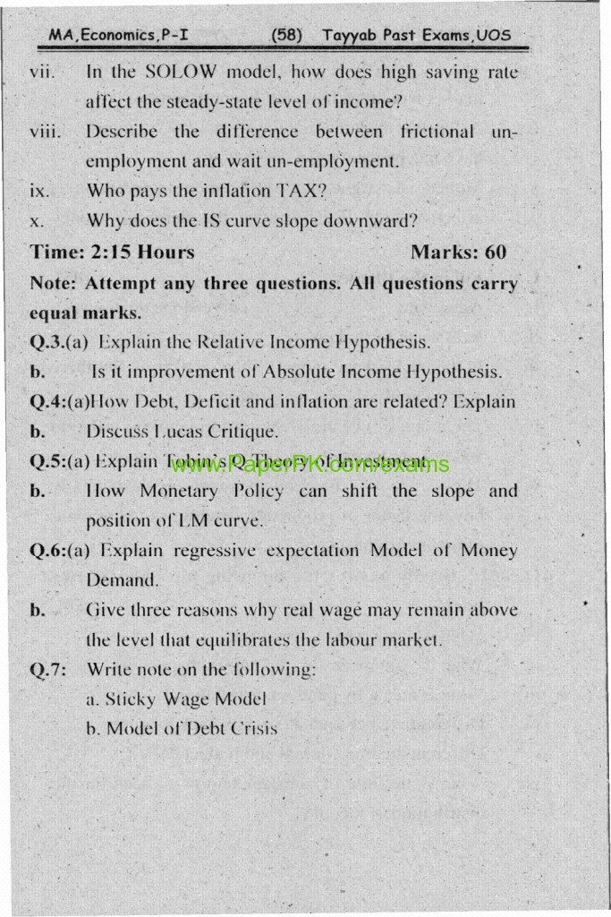 MA .Economics Part-1 Paper-II Macro Economics University of Sargodha Annual Examination 2009 3