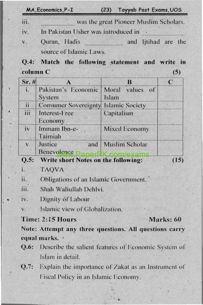 MA Part-I Economics (Islamic Economics) Paper Of University Of Sargodha 1st Annual Examination 2007 2