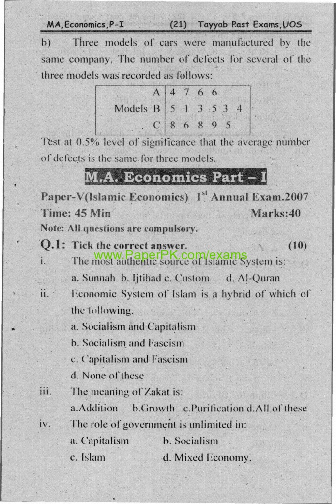 MA Part-I Economics (Islamic Economics) Paper Of University Of Sargodha 1st Annual Examination 2007