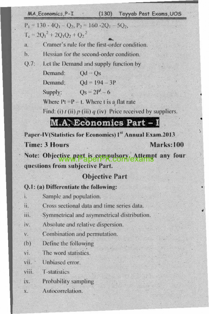 M.A Economics Part-I Paper-IV Statistics for Economics University of Sargodha Annual Examination 2013