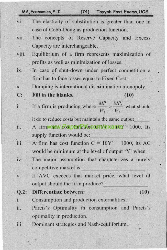 MA .Economics Part-1 Paper-I Micro Economics University of Sargodha Annual Examination 2010 3