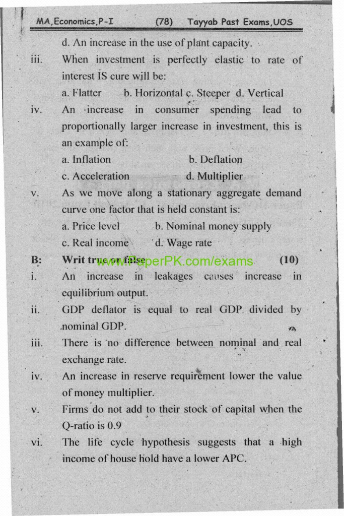 MA .Economics Part-1 Paper-II Macro Economics University of Sargodha Annual Examination 2010 1