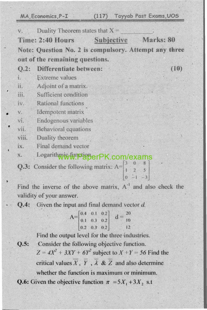 MA .Economics Part-1 Paper-III Mathematical Economics University of Sargodha Annual Examination 2012 2