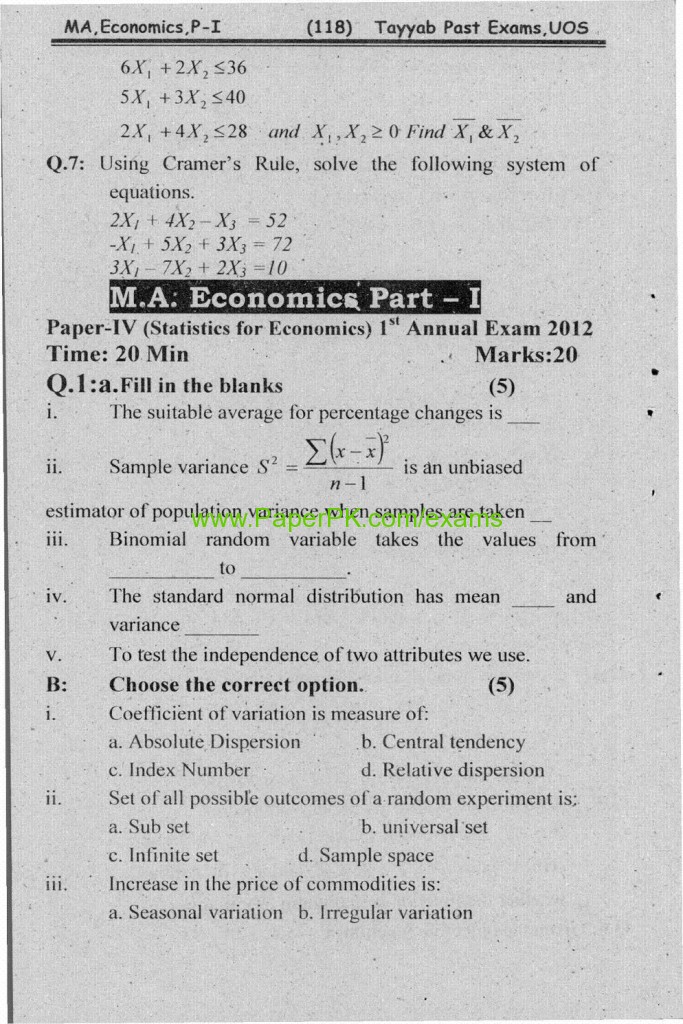 MA .Economics Part-1 Paper-III Mathematical Economics University of Sargodha Annual Examination 2012 3