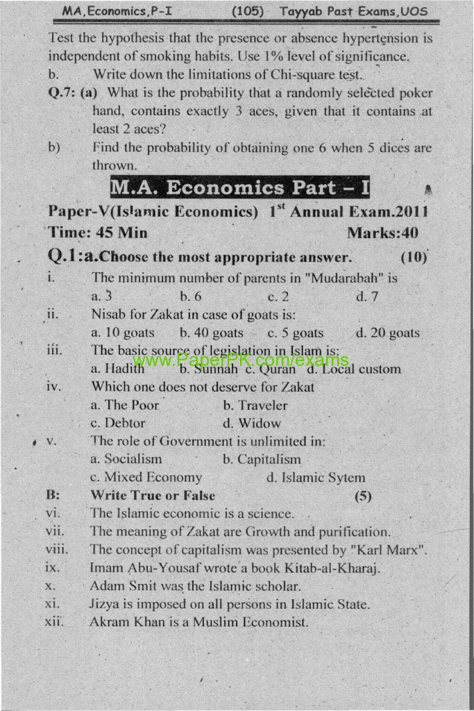 MA .Economics Part-1 Paper-IV State for Economics University of Sargodha Annual Examination 2011 3