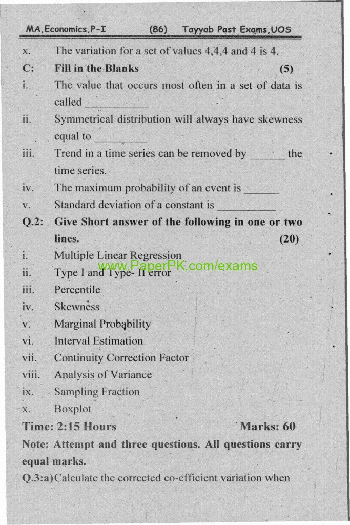 MA .Economics Part-1 Paper-IV State for Economics University of Sargodha Examination Annual 2010 2